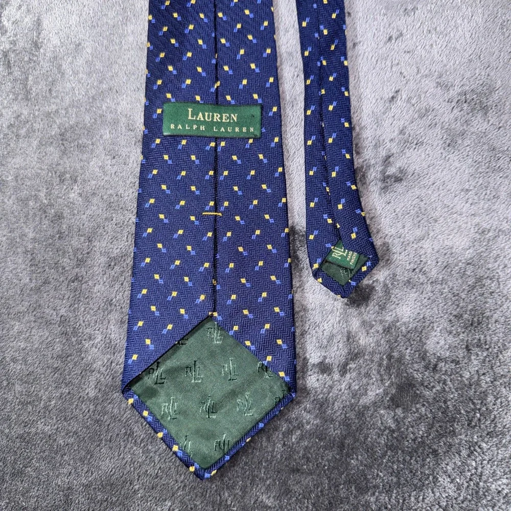 Lauren Ralph Lauren Mens Silk Tie Navy Blue Gold Geometric Herringbone USA59x3.5